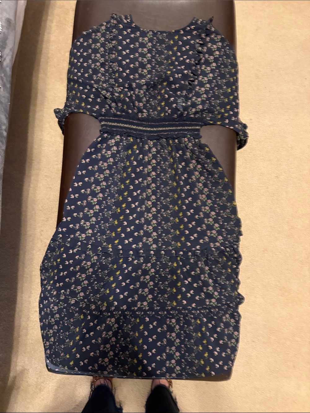 🌻Women's Navy Floral V-Neck Smocked Waist Dress🌻 - Picture 2 of 4
